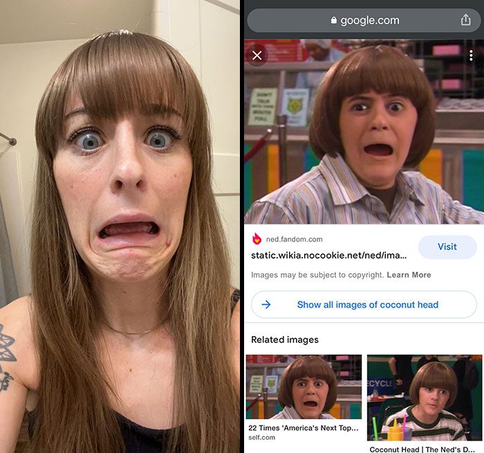 A collage of a person with a surprised expression Description automatically generated