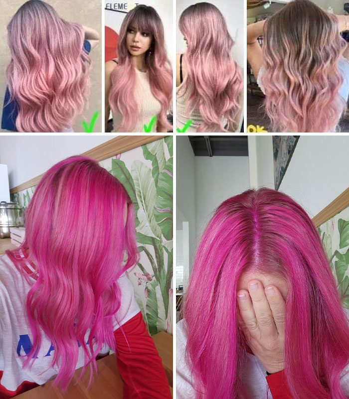 A collage of a person with pink hair Description automatically generated