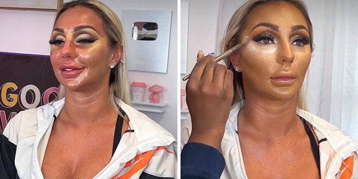 A person applying makeup on her face Description automatically generated